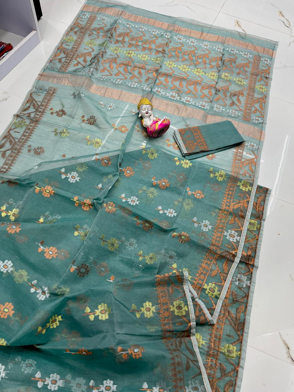 Beetle Green Soft Dhakai Jamdani Saree