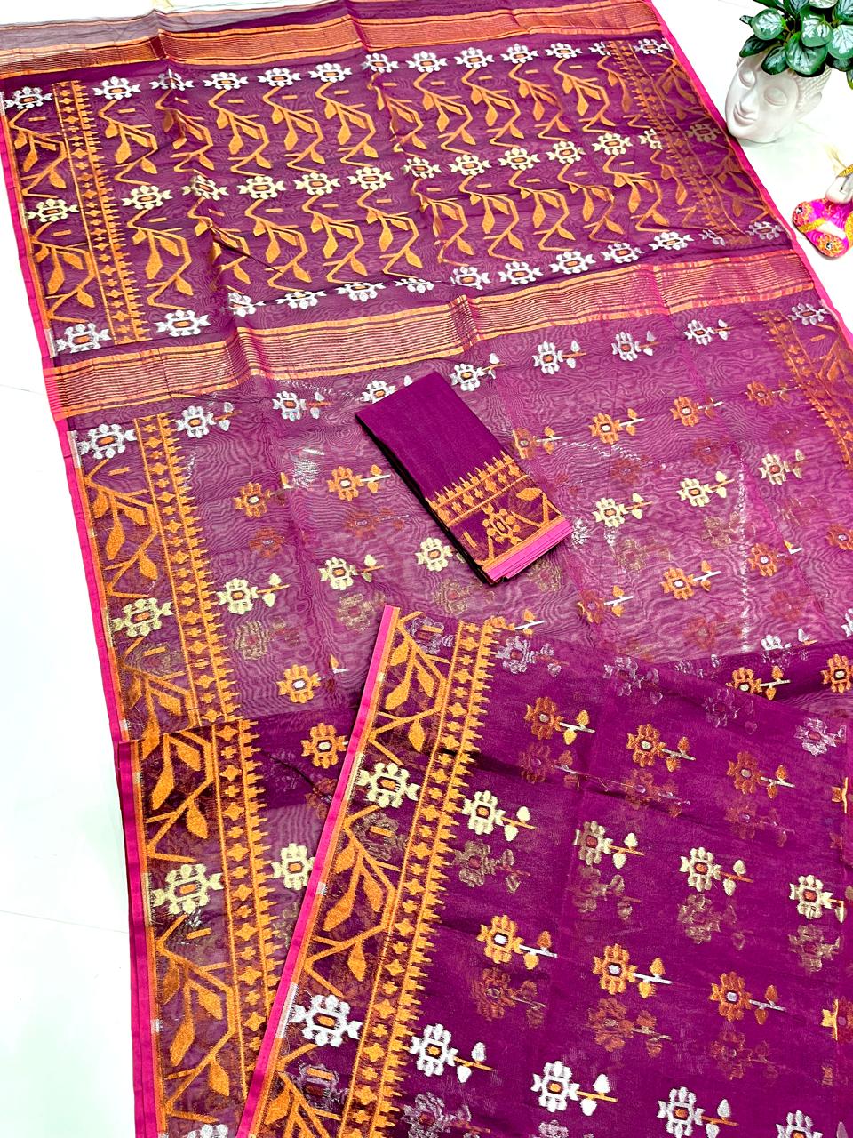Plum Velvet Soft Dhakai Jamdani Saree