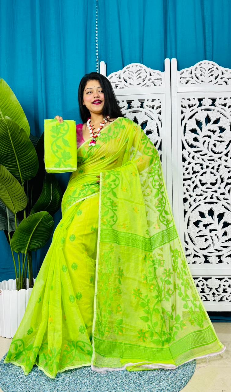 Bitter Lemon Soft Lota Jamdani Sare With Blouse Piece