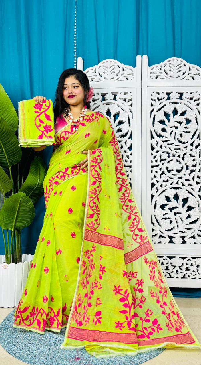 Bitter Lemon Soft Lota Jamdani Sari With Blouse Piece
