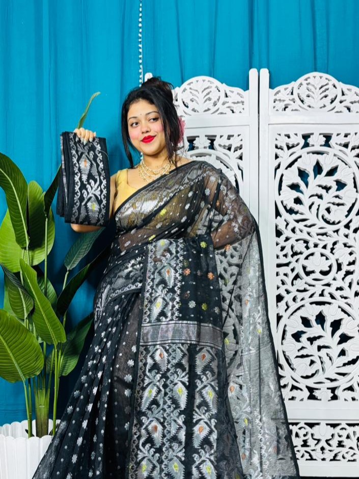Black And Hit Grey Soft Golden Buti Jamdani Sari With Blouse Piece