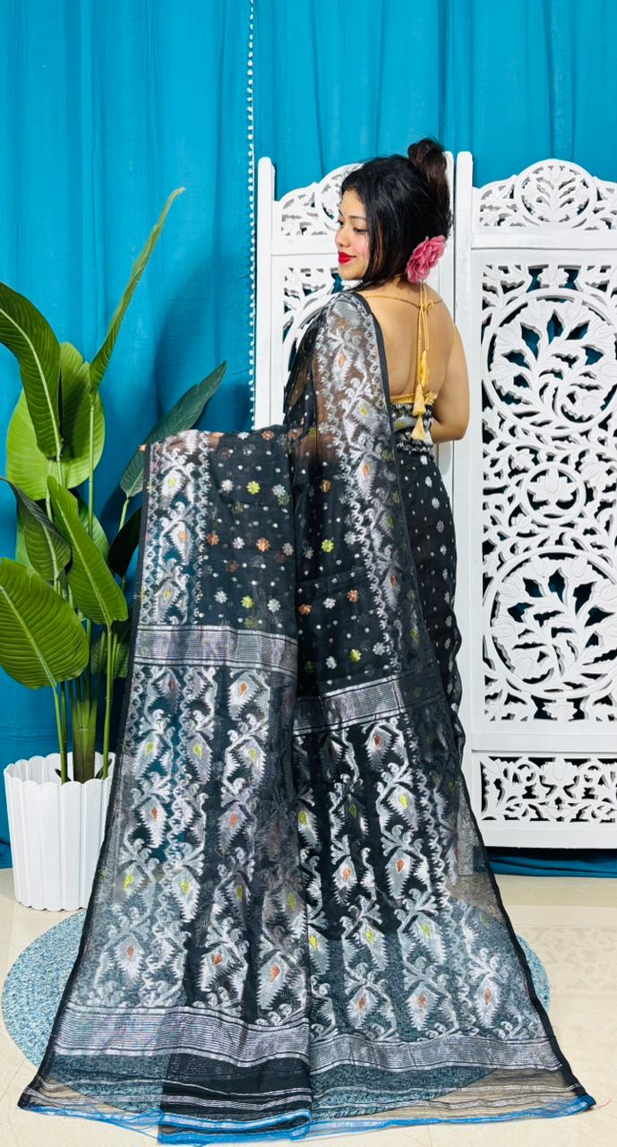 Black And Hit Grey Soft Golden Buti Jamdani Sari With Blouse Piece
