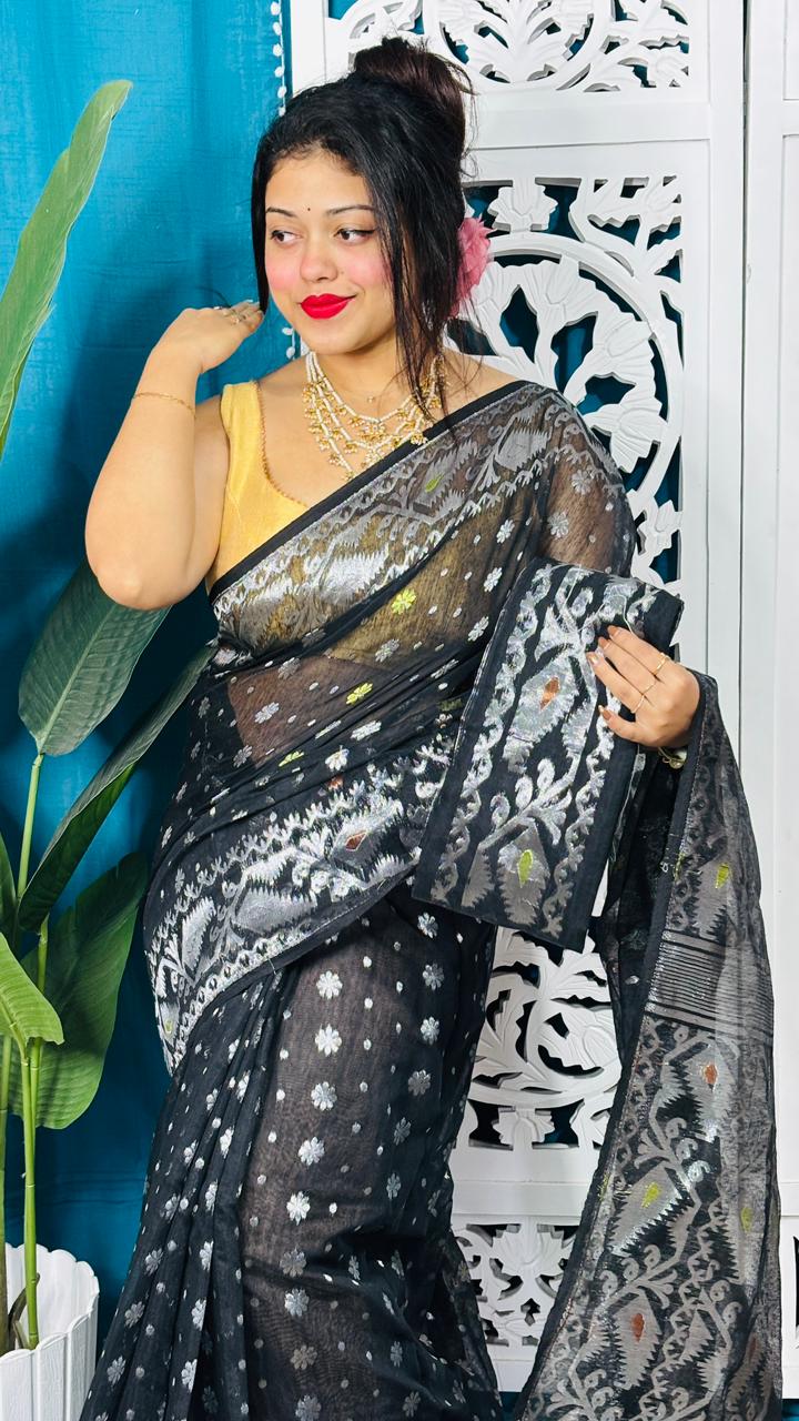 Black And Hit Grey Soft Golden Buti Jamdani Sari With Blouse Piece