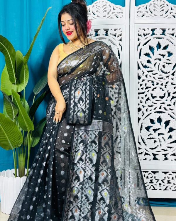 Black And Hit Grey Soft Golden Buti Jamdani Sari With Blouse Piece