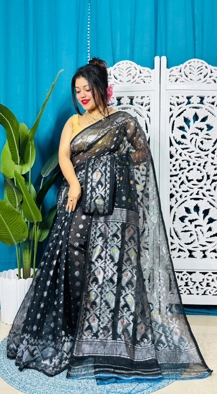 Black And Hit Grey Soft Golden Buti Jamdani Sari With Blouse Piece
