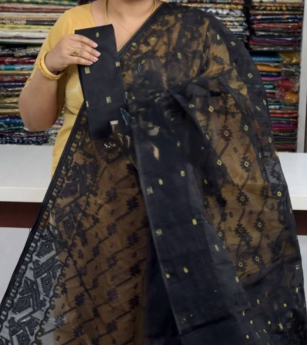 Black Soft Buti Jamdani Saree With Blouse Piece