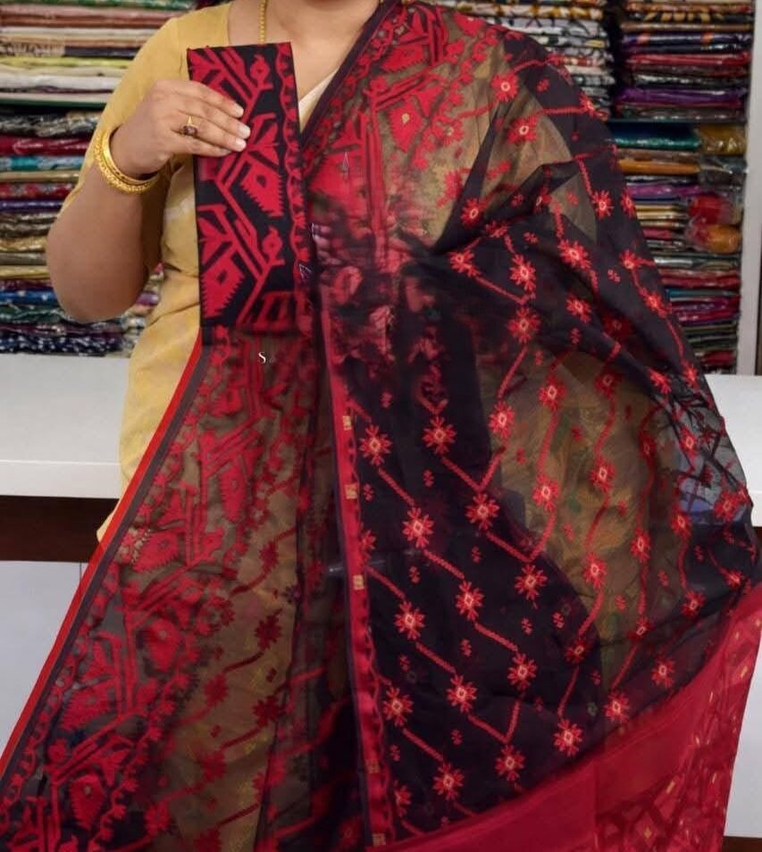 Black Soft Buti Jamdani Sari With Blouse Piece