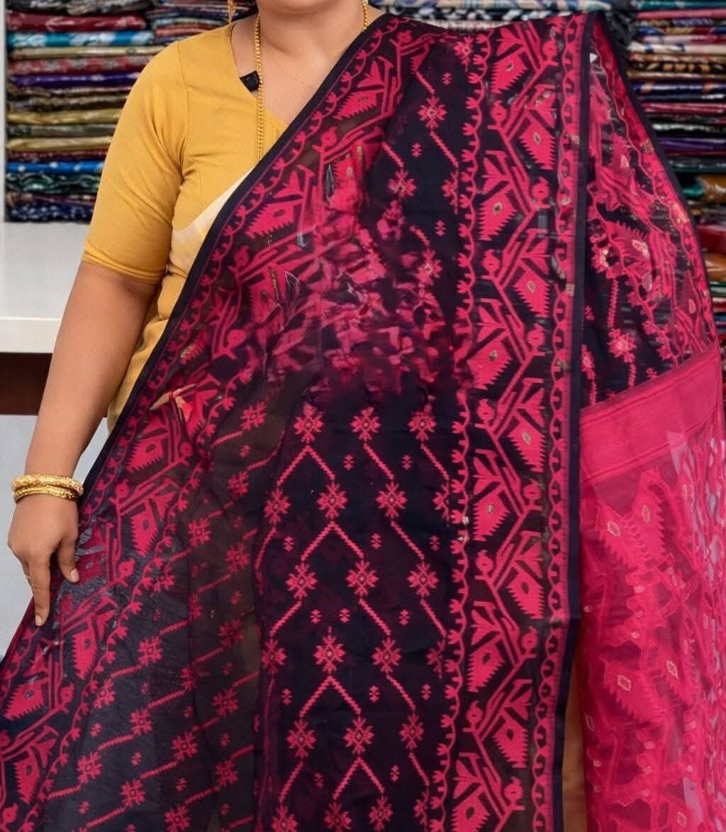 Black Soft Buti Jamdani Sari With Blouse Piece