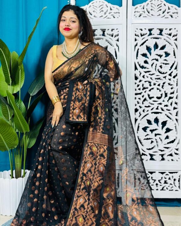 Black Soft Golden Buti Jamdani Sari With Blouse Piece