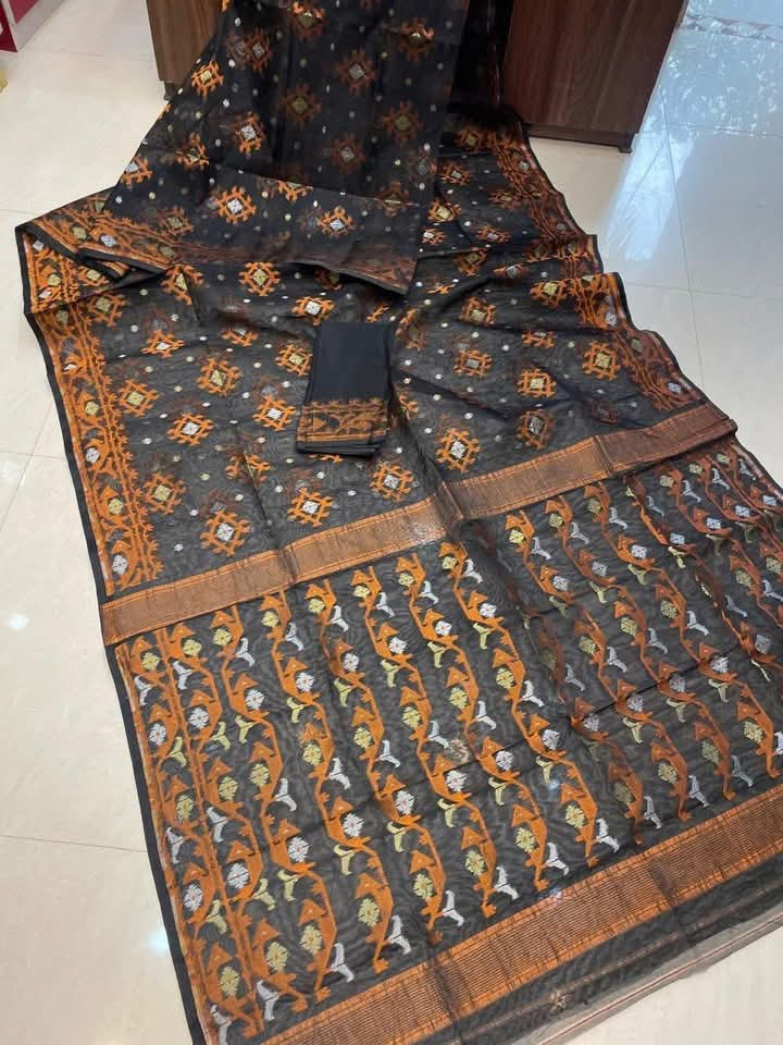Black Soft Joriwork Jamdani Sari With Blouse Piece