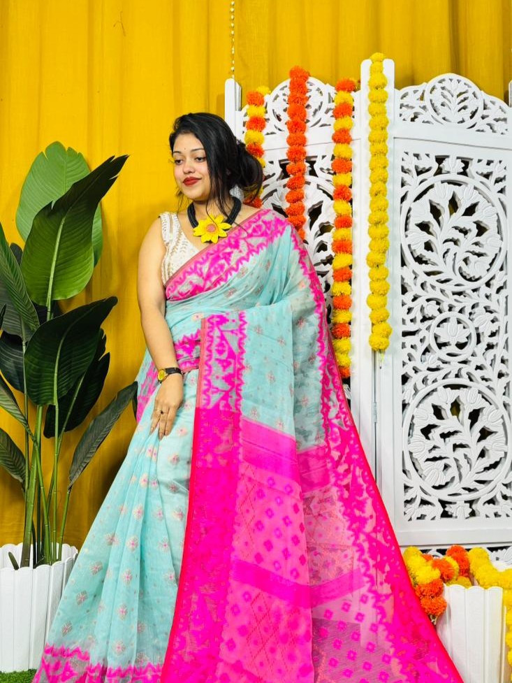 Blue Hosta Soft Dhakai Jamdani Saree