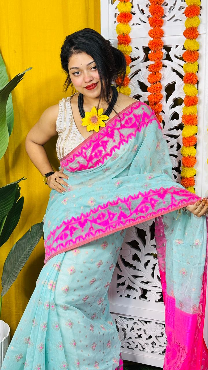 Blue Hosta Soft Dhakai Jamdani Saree