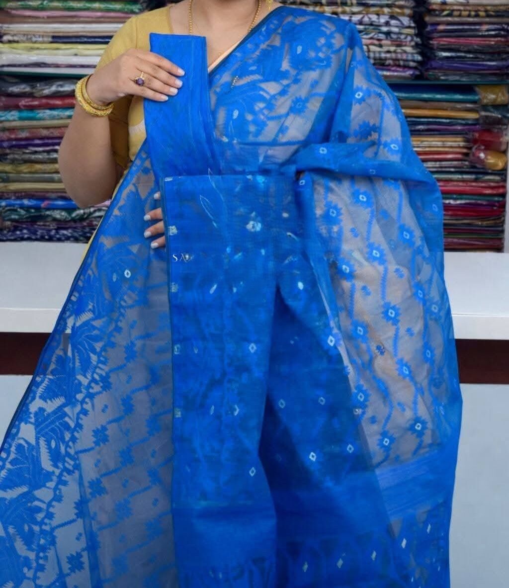 Blue Soft Buti Jamdani Sari With Blouse Piece