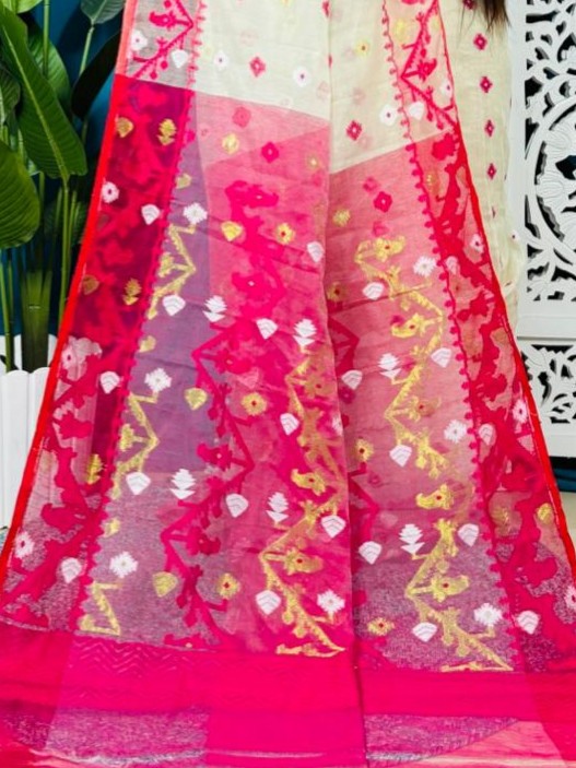 Cream Korat Buti Soft Jamdani Sari With Blouse Piece