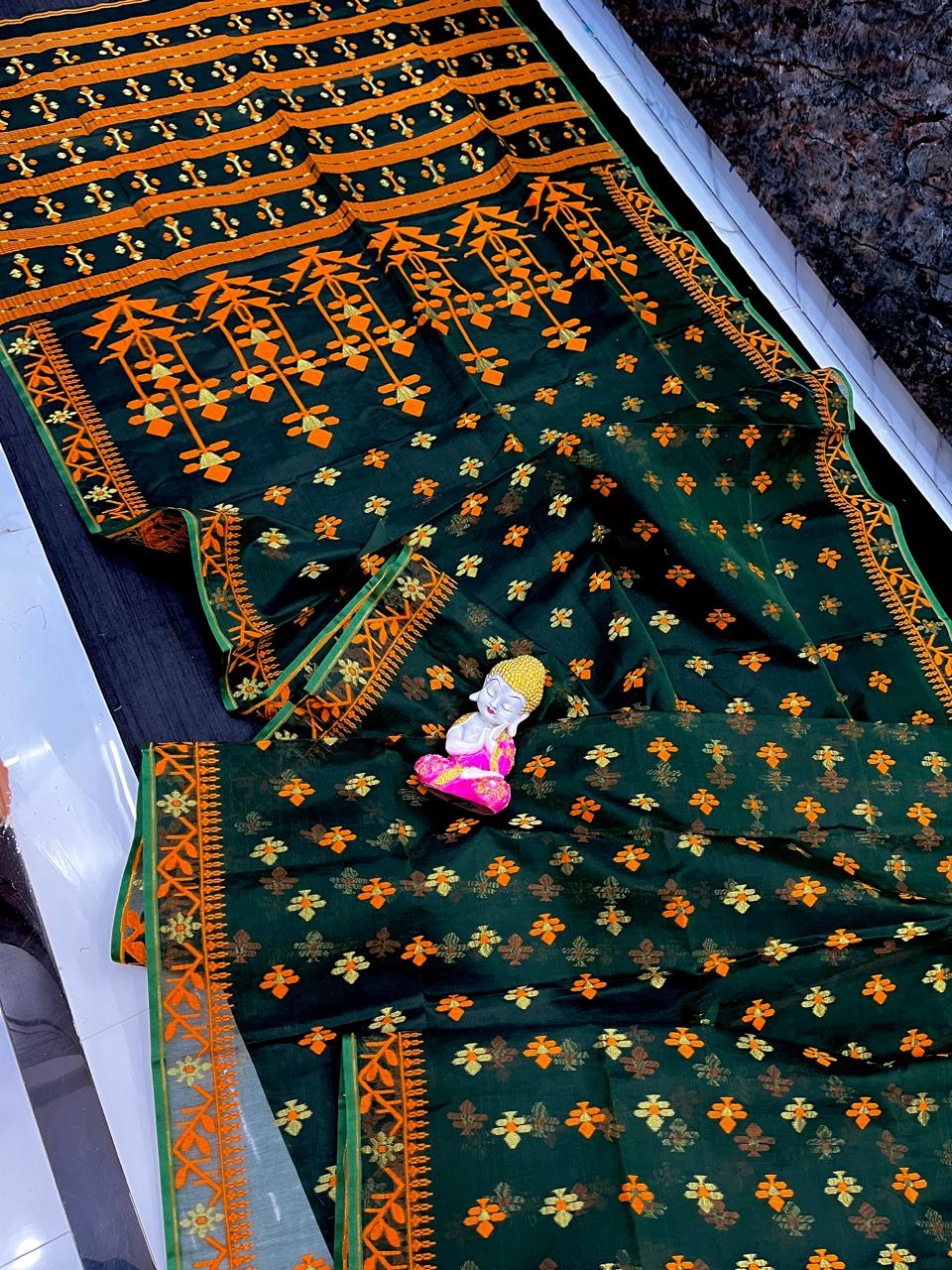 Dark Green Soft Dhakai Jamdani Saree