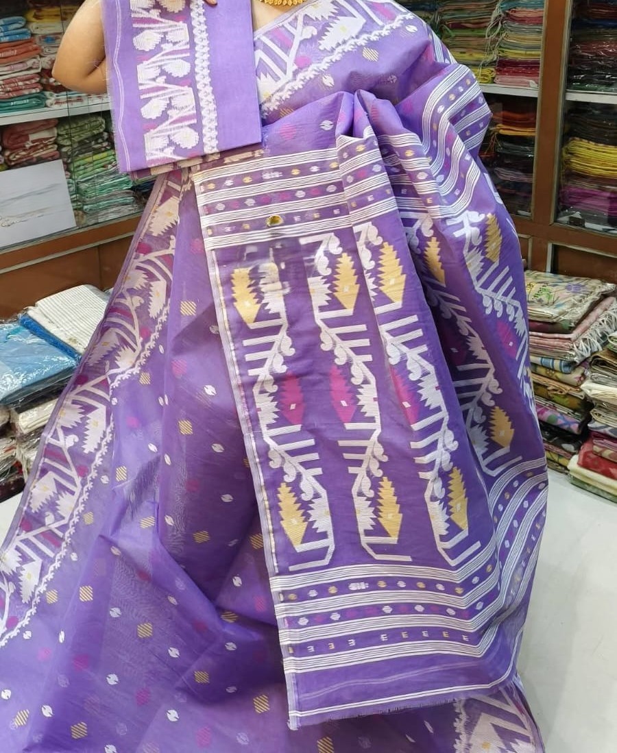 Dark Lavender Soft Dhakai Jamdani Sari With Blouse Piece