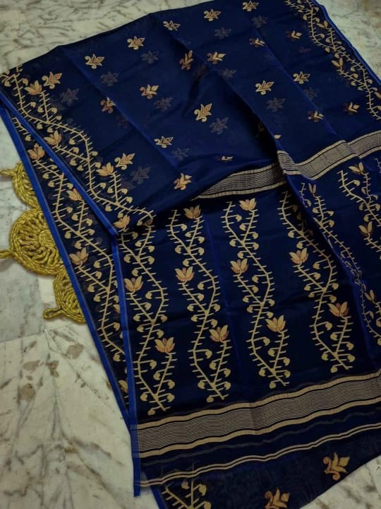 Dark Navy Soft Lota Dhakai Jamdani Saree