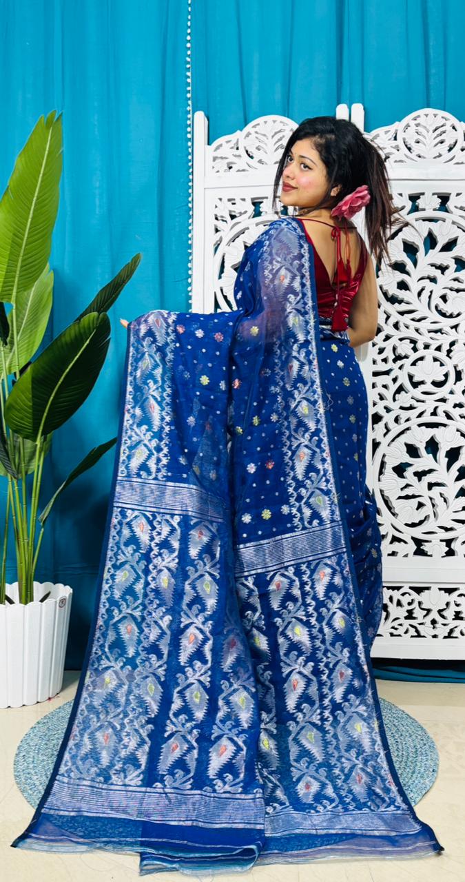 Deep Blue Soft Golden Buti Jamdani Sari With Blouse Piece