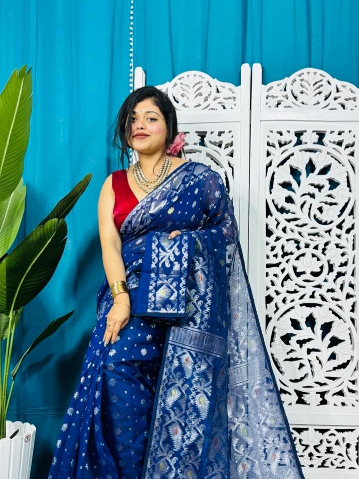 Deep Blue Soft Golden Buti Jamdani Sari With Blouse Piece