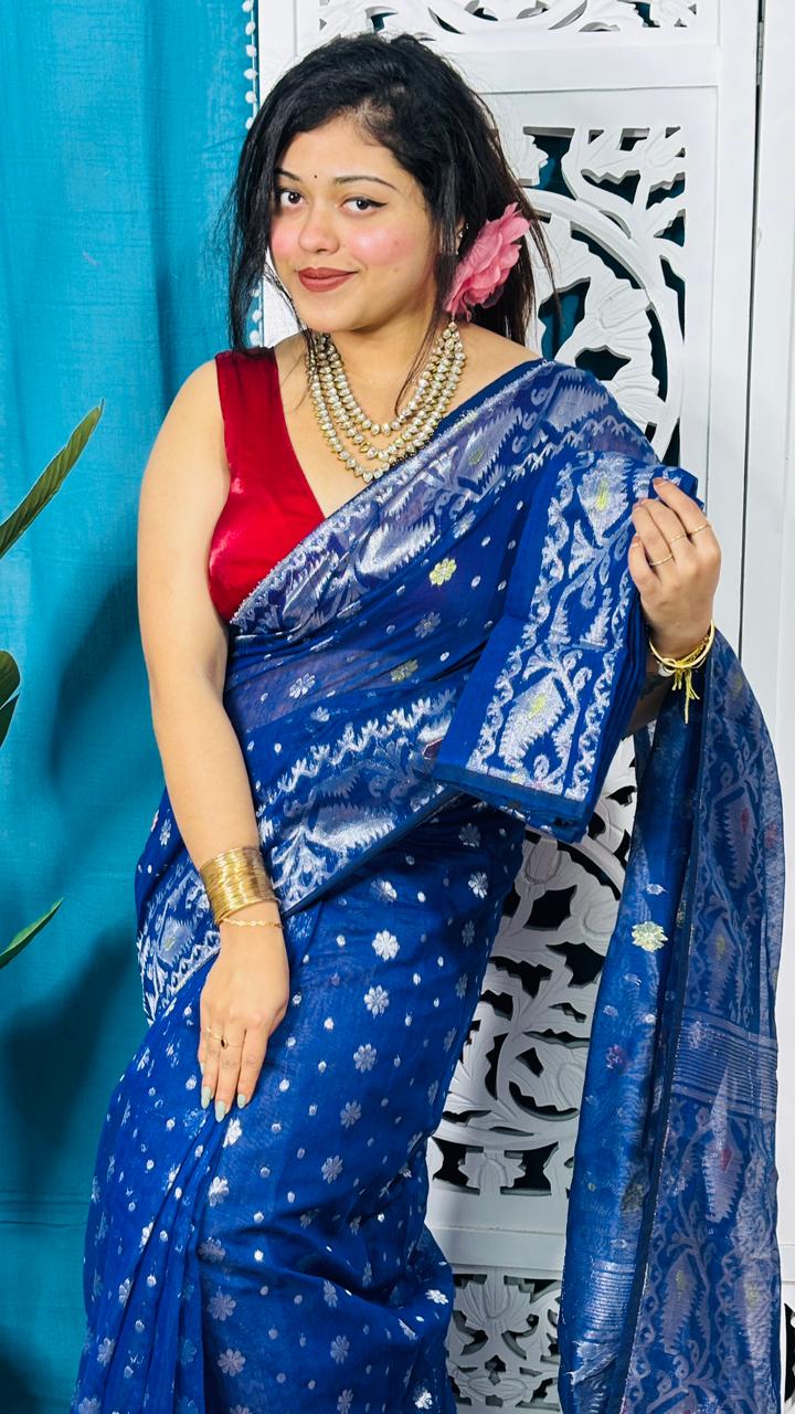 Deep Blue Soft Golden Buti Jamdani Sari With Blouse Piece