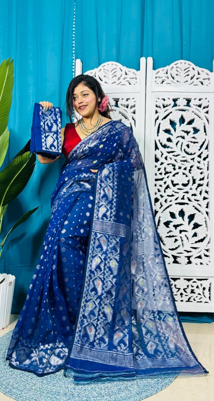 Deep Blue Soft Golden Buti Jamdani Sari With Blouse Piece