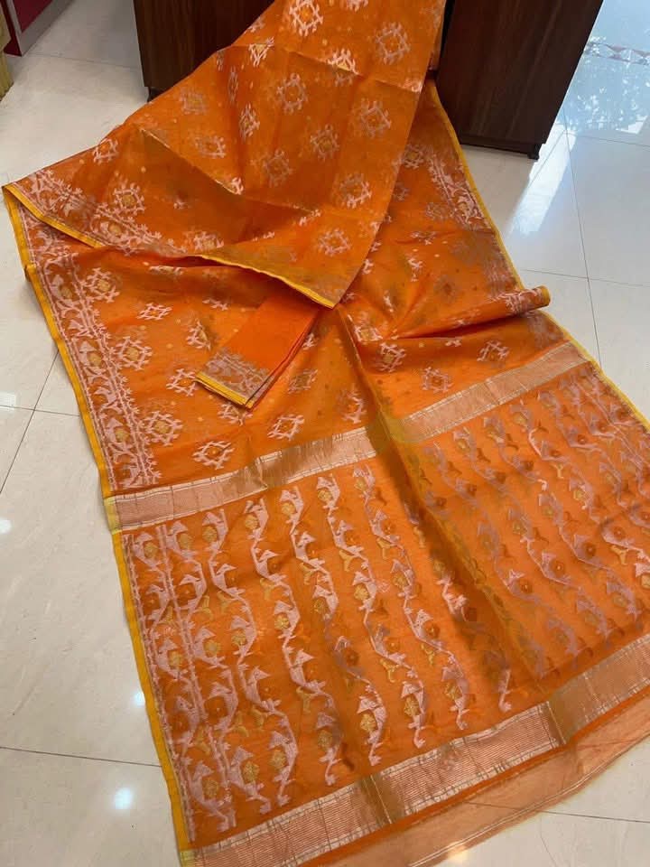 Deep Orange Soft Joriwork Jamdani Sari With Blouse Piece