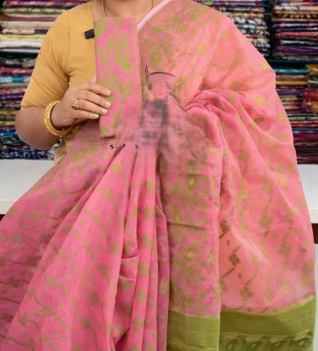 Deep Rose Soft Buti Jamdani Sari With Blouse Piece
