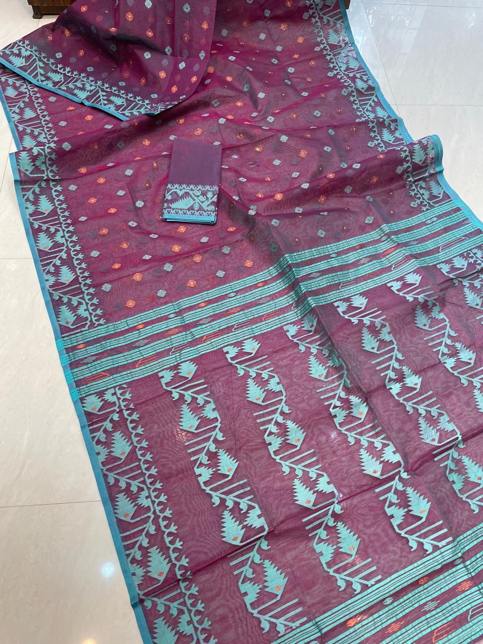 Dirty Purple Soft Buti Karat Jamdani Sari With Blouse Piece