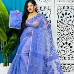 Dusky Blue Soft Lota Jamdani Sari With Blouse Piece
