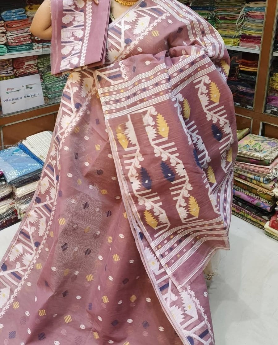 Dusty Rose Soft Dhakai Jamdani Sari With Blouse Piece