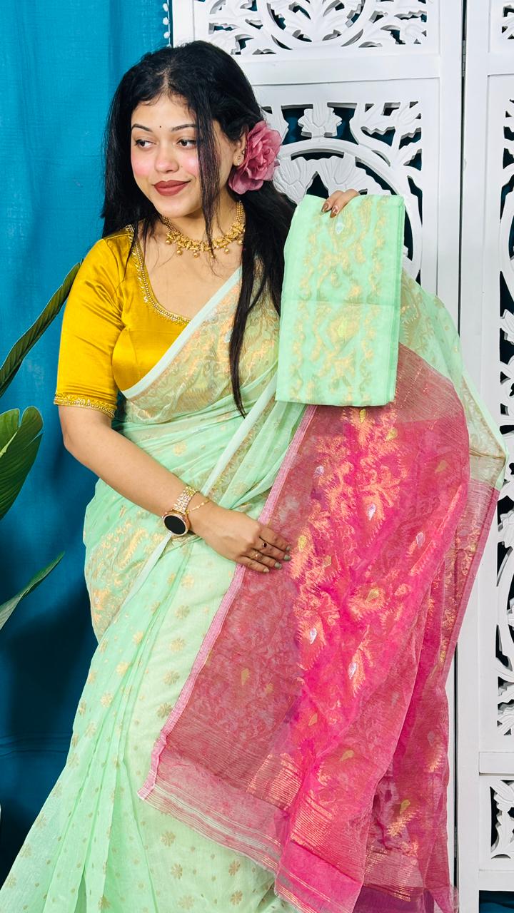 Faded Green Soft Golden Buti Jamdani Sari With Blouse Piece