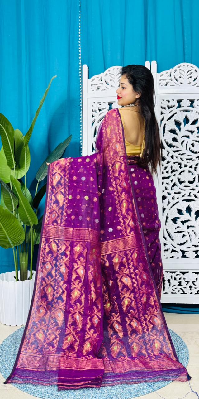 Grape Purple Soft Golden Buti Jamdani Sari With Blouse Piece