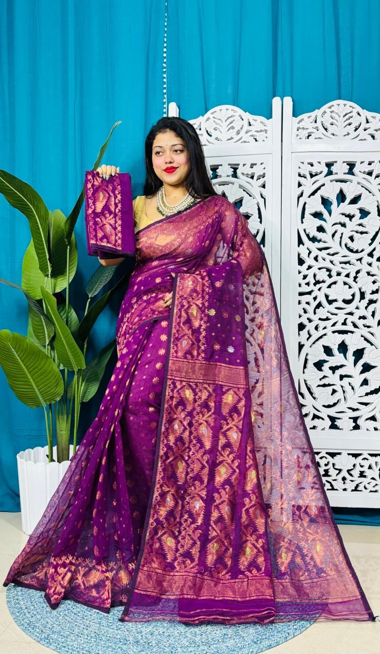 Grape Purple Soft Golden Buti Jamdani Sari With Blouse Piece