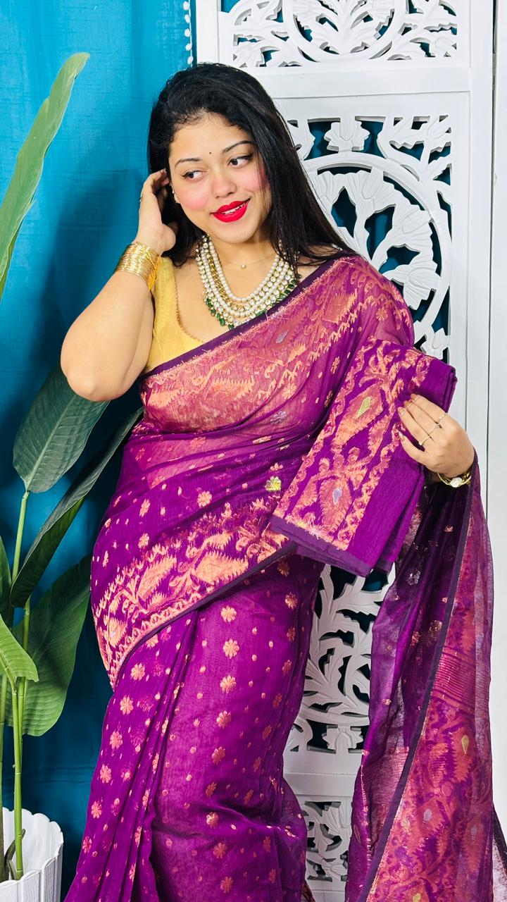 Grape Purple Soft Golden Buti Jamdani Sari With Blouse Piece