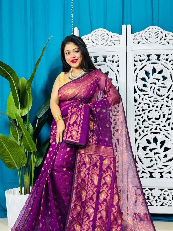 Grape Purple Soft Golden Buti Jamdani Sari With Blouse Piece