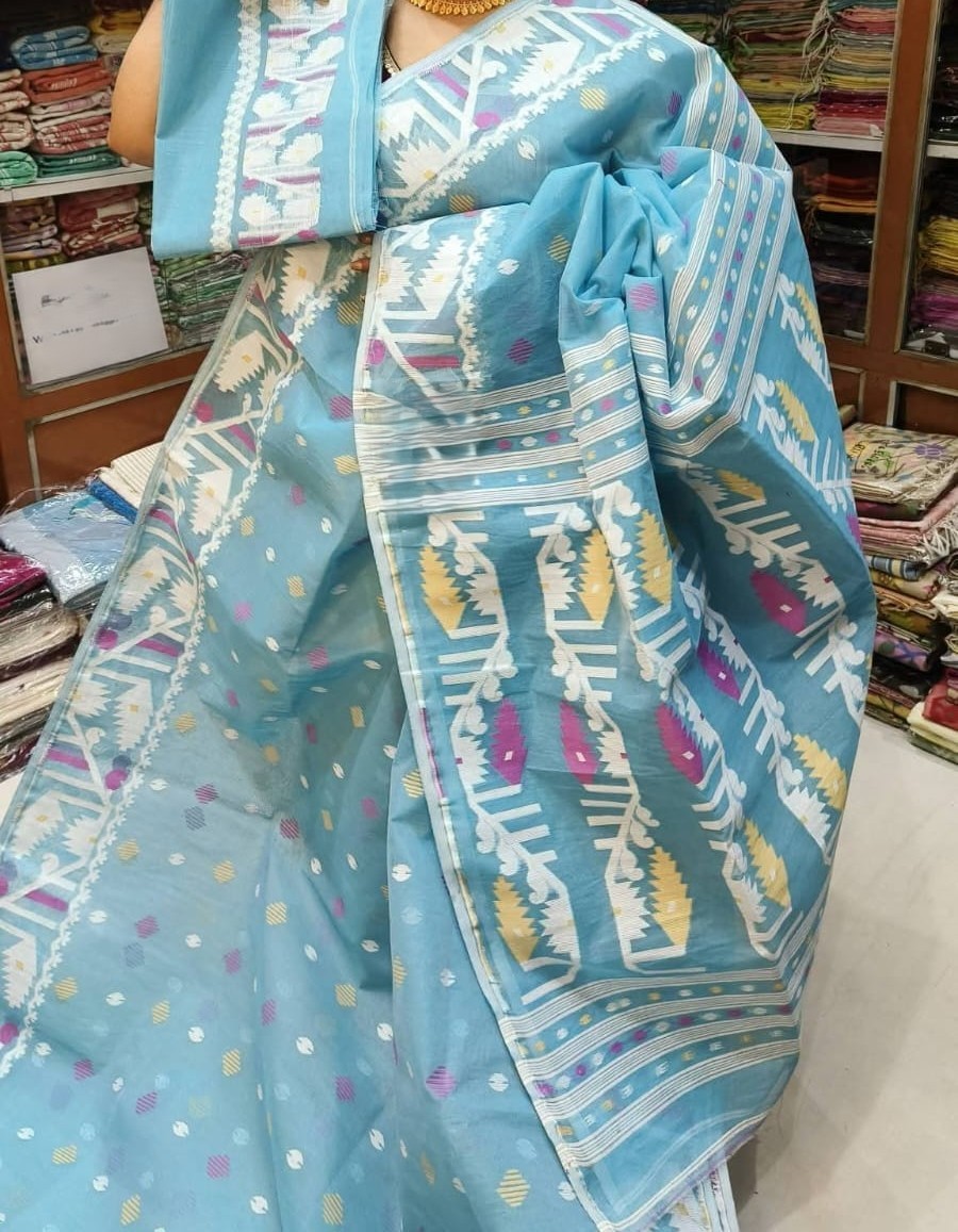 Hippie Blue Soft Dhakai Jamdani Sari With Blouse Piece