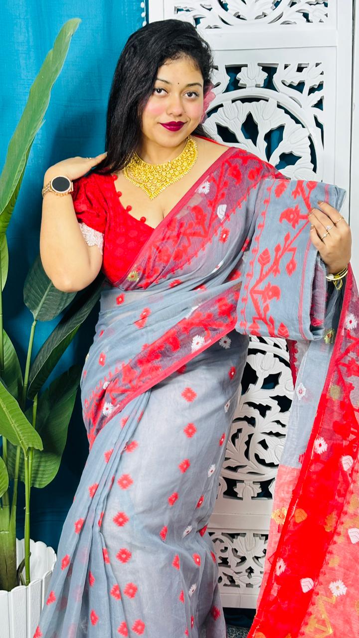 Hit Grey Korat Buti Soft Jamdani Sari With Blouse Piece