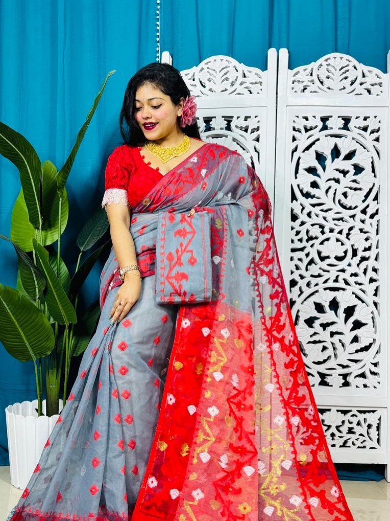 Hit Grey Korat Buti Soft Jamdani Sari With Blouse Piece