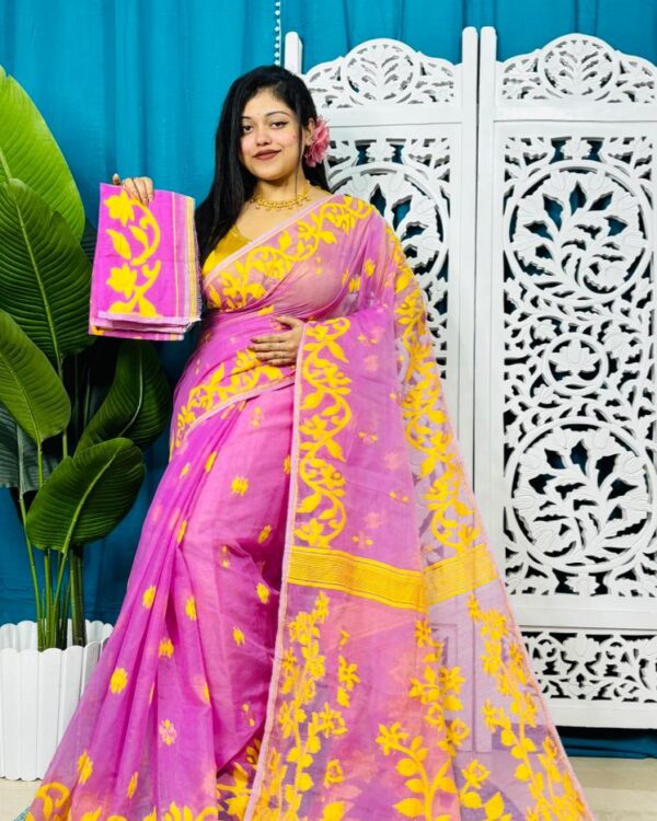 Hot Pink Soft Lota Jamdani Sari With Blouse Piece