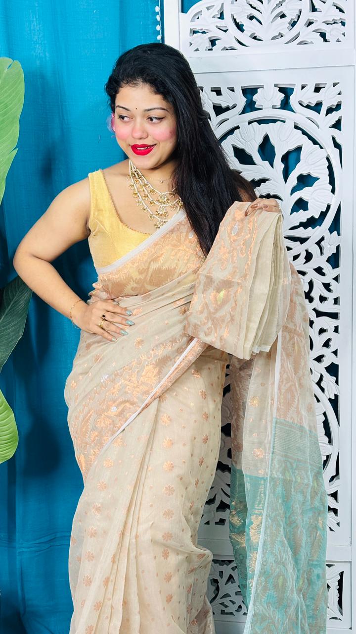 Light Cream Soft Golden Buti Jamdani Sari With Blouse Piece