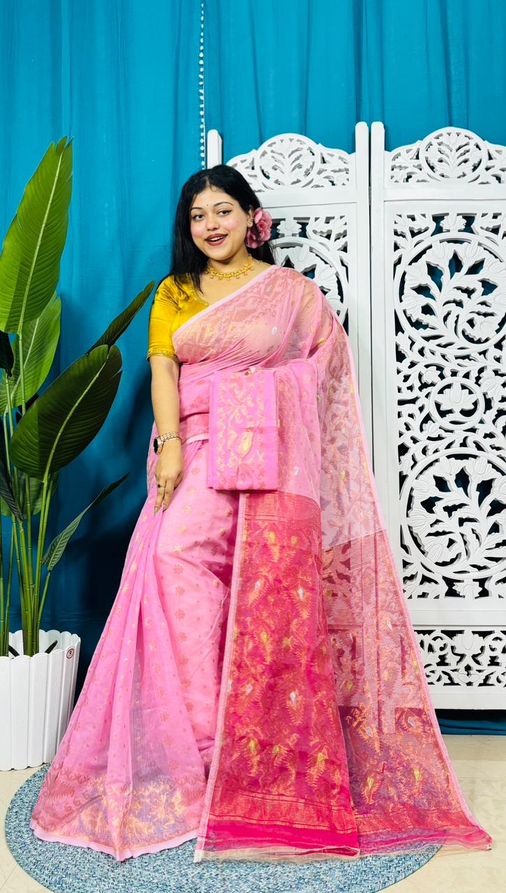 Light Pink Soft Golden Buti Jamdani Sari With Blouse Piece