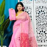 Light Pink Soft Golden Buti Jamdani Sari With Blouse Piece
