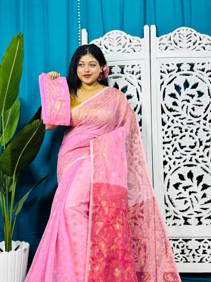 Light Pink Soft Golden Buti Jamdani Sari With Blouse Piece