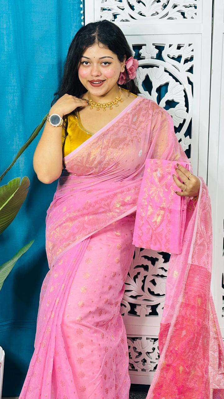 Light Pink Soft Golden Buti Jamdani Sari With Blouse Piece