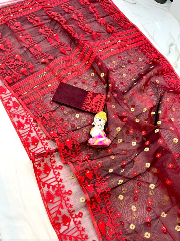 Maroon Soft Buti Karat Jamdani Sari With Blouse Piece