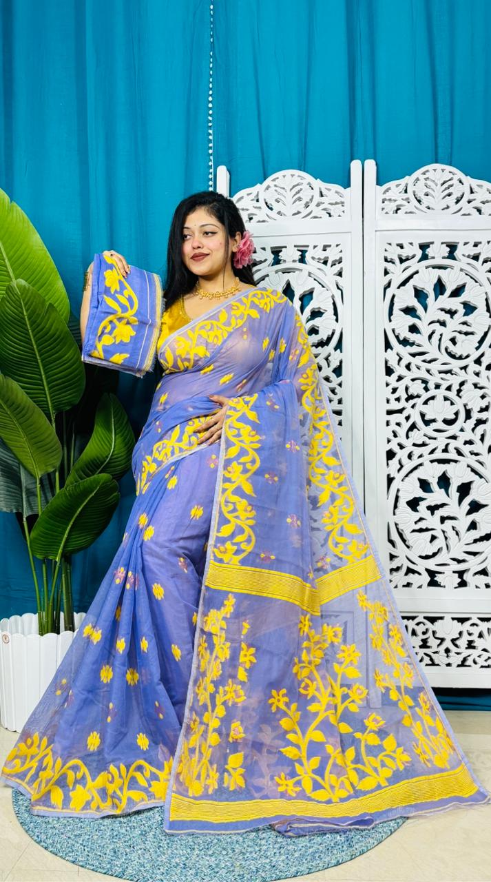 Moody Blue Soft Lota Jamdani Sari With Blouse Piece