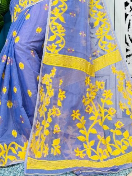 Moody Blue Soft Lota Jamdani Sari With Blouse Piece