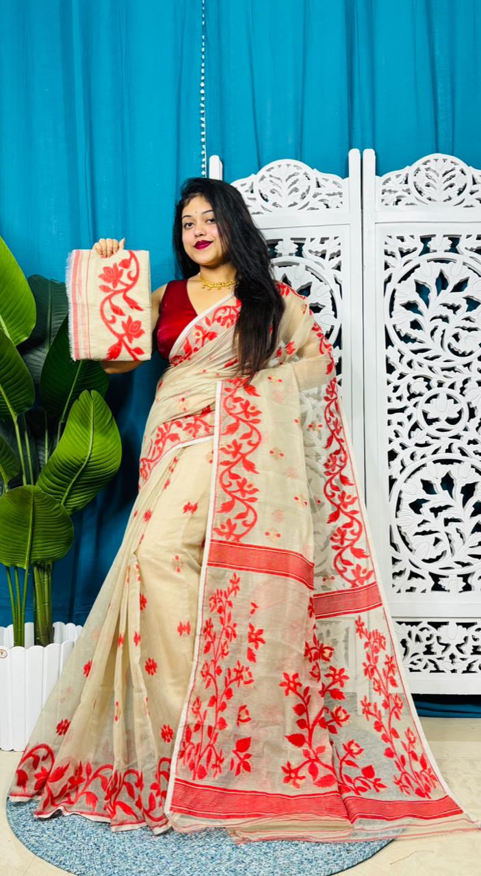 Mushroom Soft Lota Jamdani Sari With Blouse Piece