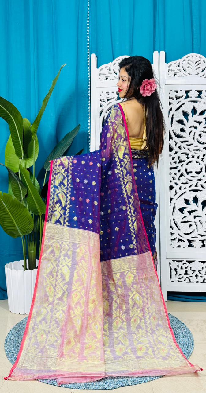 Navy Blue Soft Golden Buti Jamdani Sari With Blouse Piece