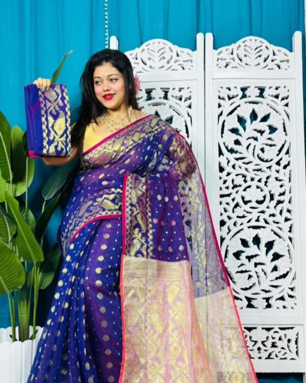 Navy Blue Soft Golden Buti Jamdani Sari With Blouse Piece